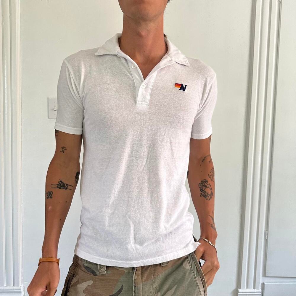 Vintage Aviator Nation White Beach Surf Thin Fitted Tight Polo Collared Shirt